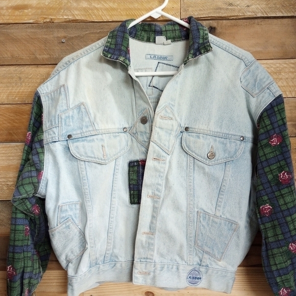 Vintage LA Gear Denim Jacket Plaid Acid Wash Boxy 90s Grunge SZ Small Oversized - Picture 1 of 10